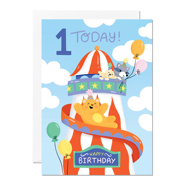 A colourful 1st birthday card featuring an illustration of a helter skelter with cartoon animals and the text '1st Today!' along with a 'Happy Birthday' message.