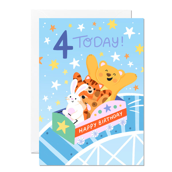 A colourful birthday card featuring an illustration of a teddy bear and a rabbit on a rollercoaster with stars and the number 4, indicating it's a 4th birthday card.