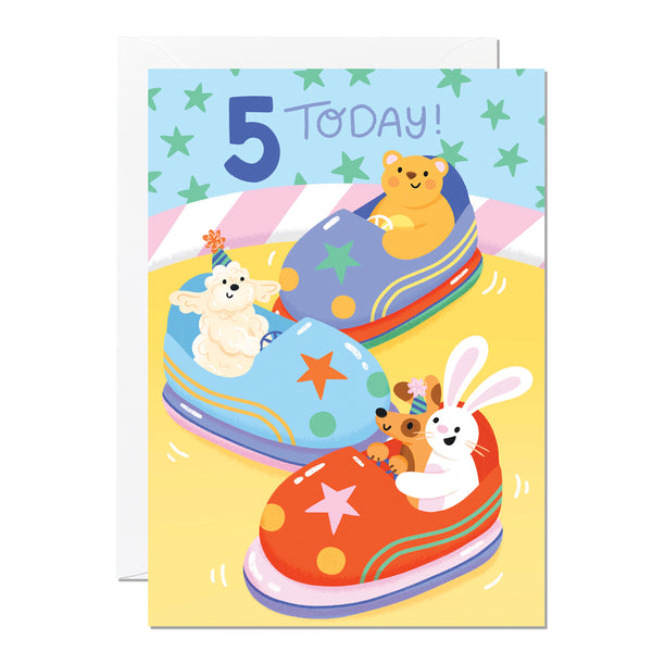 A 5th birthday card with animals on the bumper cars.