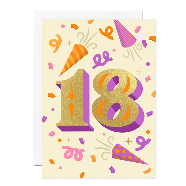 An 18th birthday card with gold foil details, featuring a colourful party-themed design with the number 18 and decorative elements like party hats and streamers.