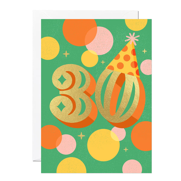 A 30th birthday card with gold foil set on a green background.