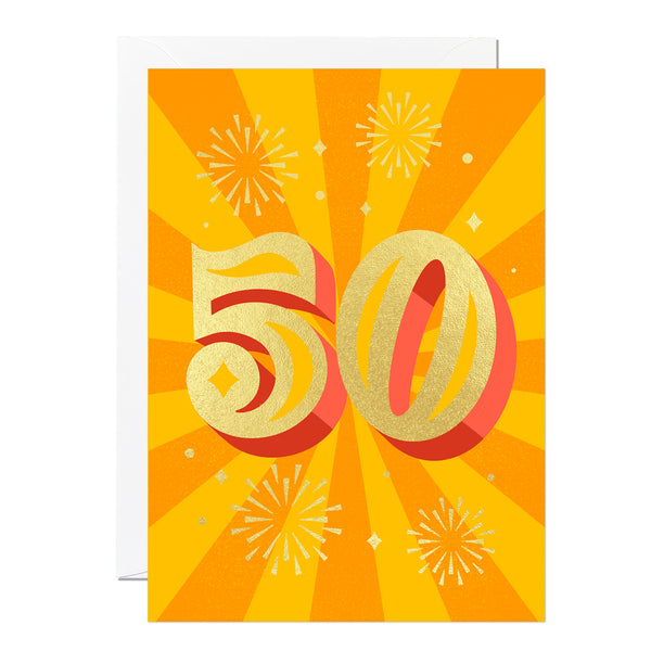 A 50th birthday card with gold foil text and a colourful background, indicating the number 50 with a golden hue.