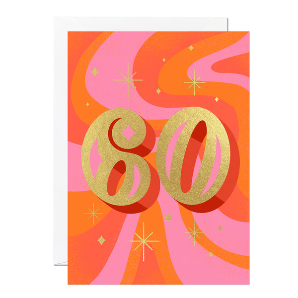 A 60th birthday card with a colourful design, featuring gold foil, orange, pink, and yellow colours, and the number 60.