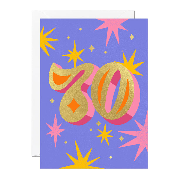 A 70th birthday card with a purple background and star illustrations with a white envelope.