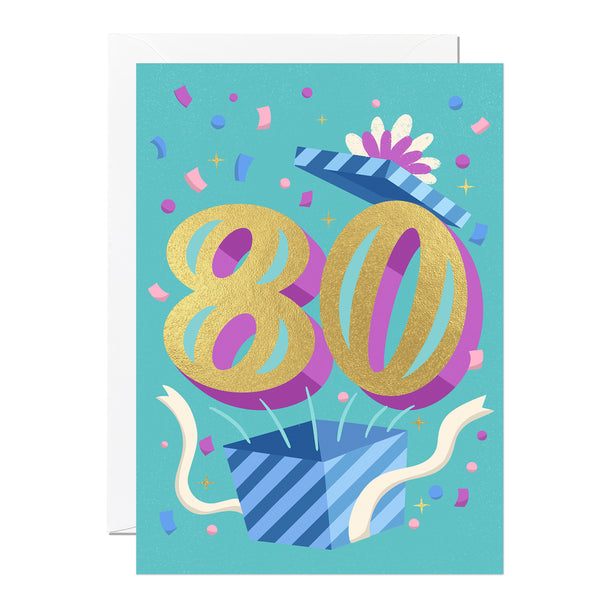 An 80th birthday card with gold foil.