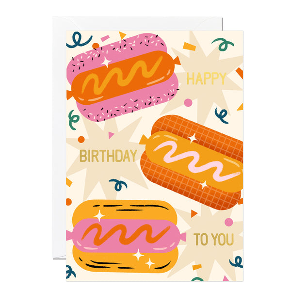 A birthday card with a colorful hot dog design and the text 'Happy Birthday' to you.