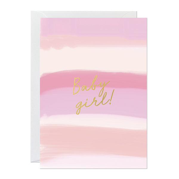 A new baby card featuring a hand-painted canvas and a 'baby girl' greeting printed with gold foil