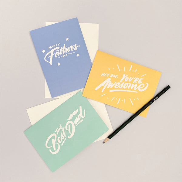 Three father's day cards which say 'happy father's day', 'hey dad you're awesome' and 'the best dad'