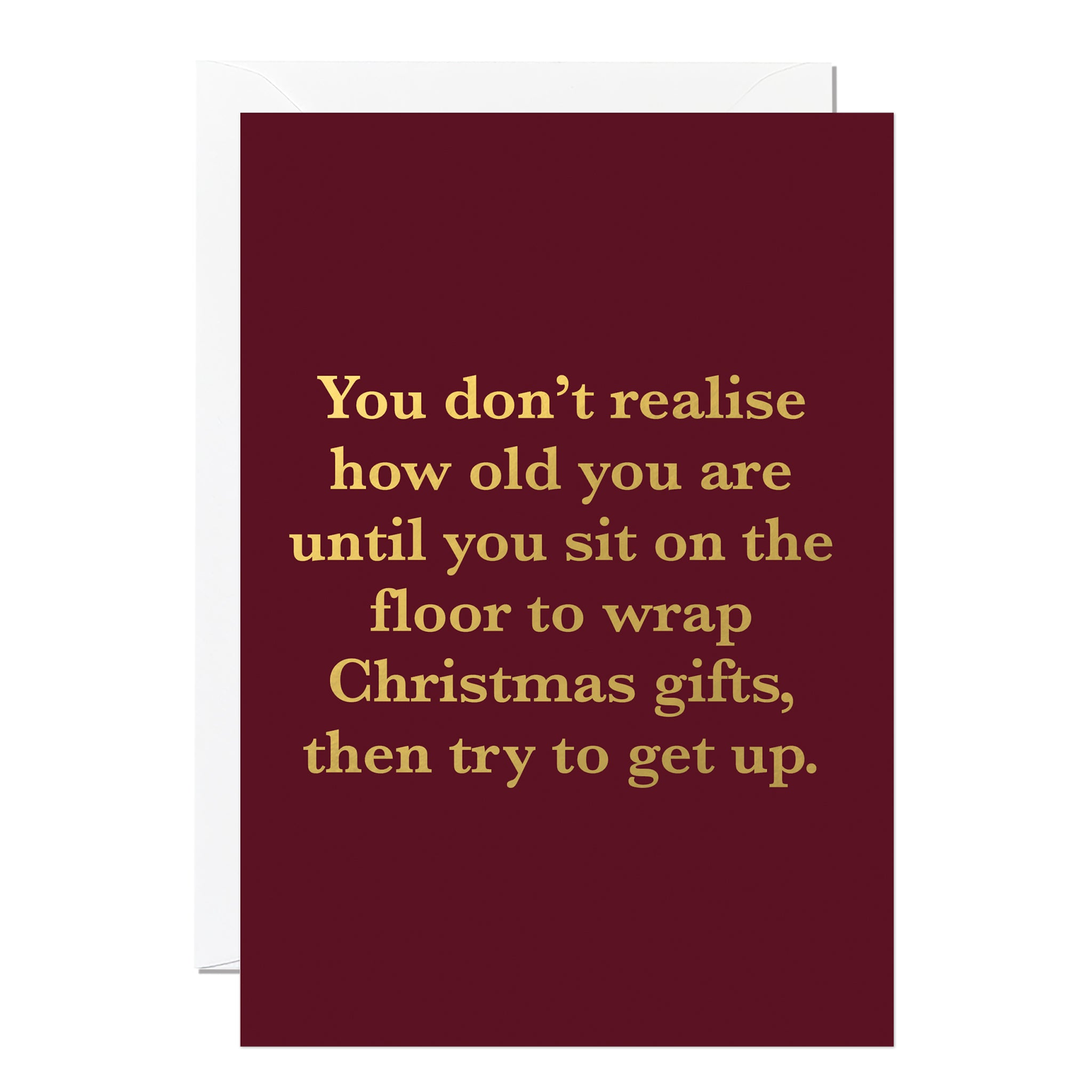 Funny Maroon Christmas card with gold text on a white background