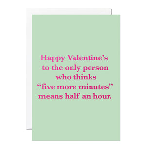 Funny Valentine's Day featuring a mint green background with pink foiled text with white envelope.