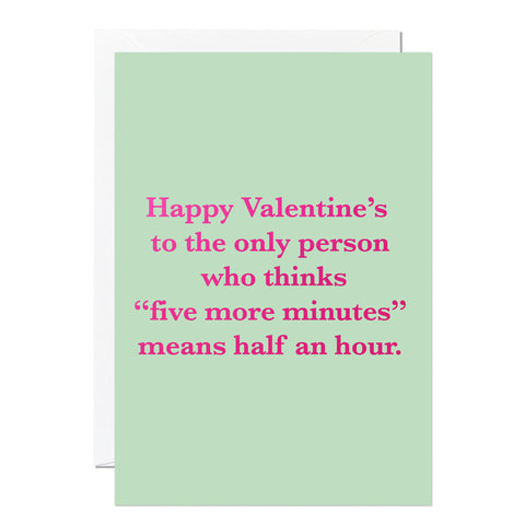 Funny Valentine's Day featuring a mint green background with pink foiled text with white envelope.