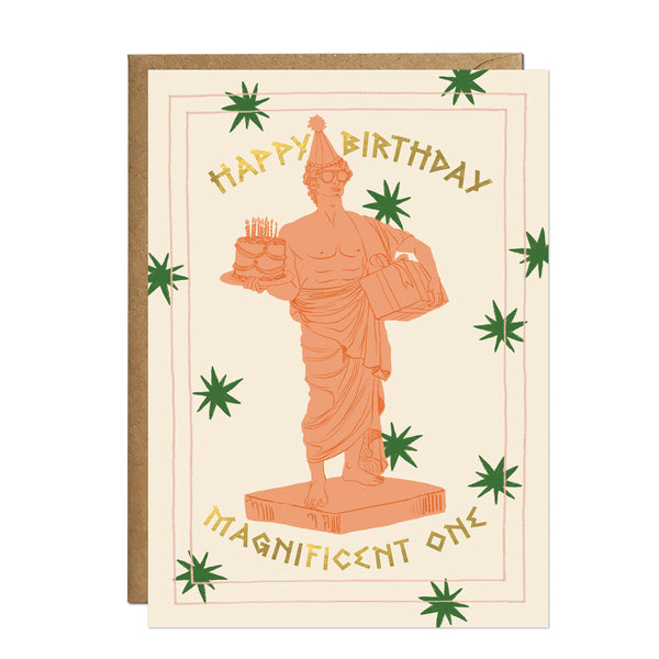 A modern birthday card featuring an illustrated classical Greek statue wearing a party hat and sunglasses while holding a towering birthday cake and a present.
