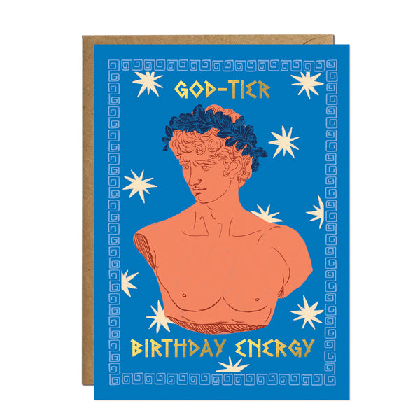 A classical-style birthday card showcasing a coral-toned Greek marble bust with a laurel wreath, set against a deep blue background with an ornate key border.