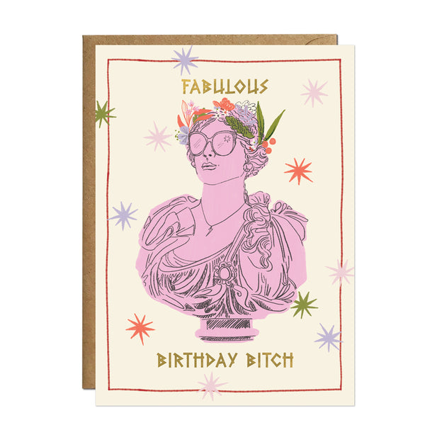 A sassy greeting card showing a pastel pink Greek bust accessorised with oversized black sunglasses and a large flower crown within a double border.