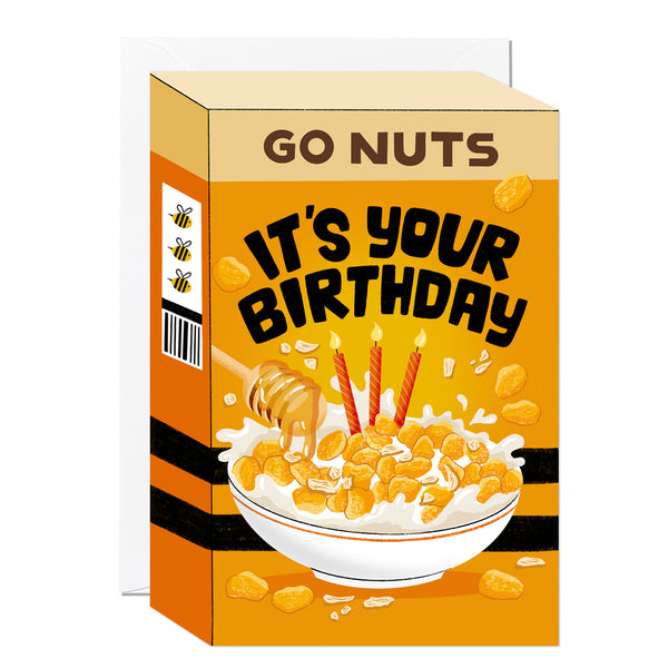Sweet honey-nut cereal box birthday card with honey bee stripes and a glossy Spot UV finish. A fun, whimsical greeting card perfect for celebrating in style.