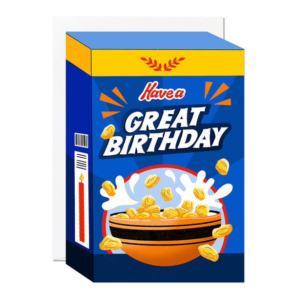 A die-cut birthday card featuring a honey-nut cereal box design with yellow and black bumblebee stripes, a honey dipper, and a bowl of crunchy cereal.