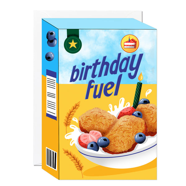 Humorous wheat biscuit cereal box birthday card with fresh berries and a premium glossy Spot UV finish. A witty, unique greeting card for a fun birthday.