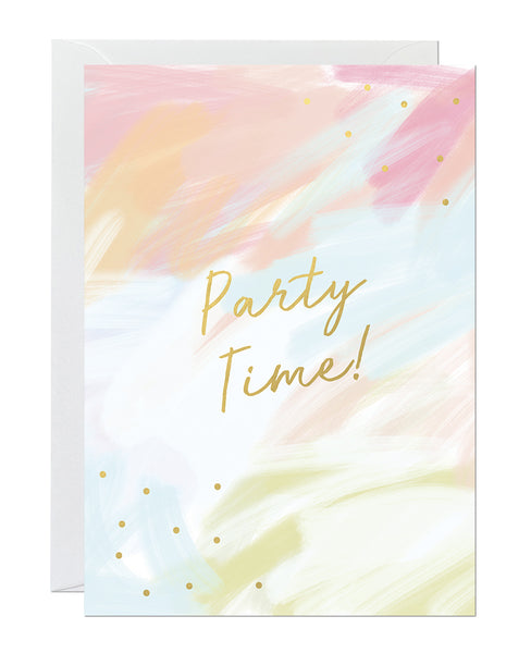A birthday card which features a hand-painted canvas background with a gold foil greeting that reads 'party time'