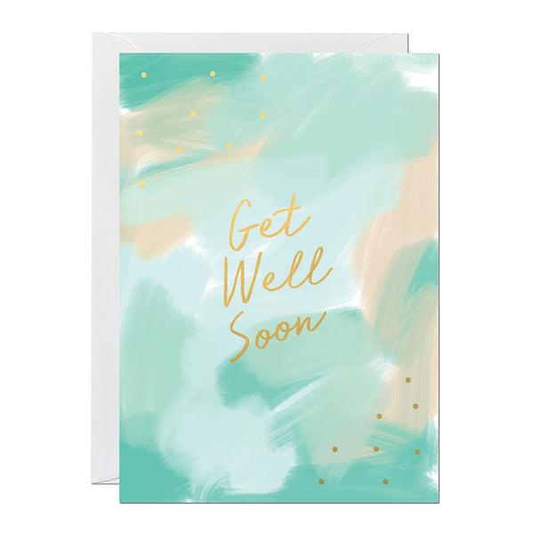 A get well soon greeting card that features a hand-painted green canvas background and gold foil lettering