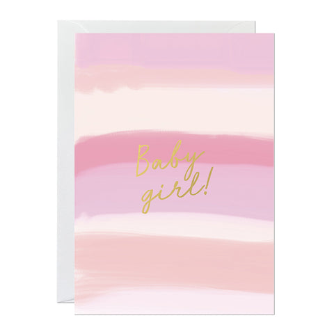 A new baby card featuring a hand-painted canvas and a 'baby girl' greeting printed with gold foil