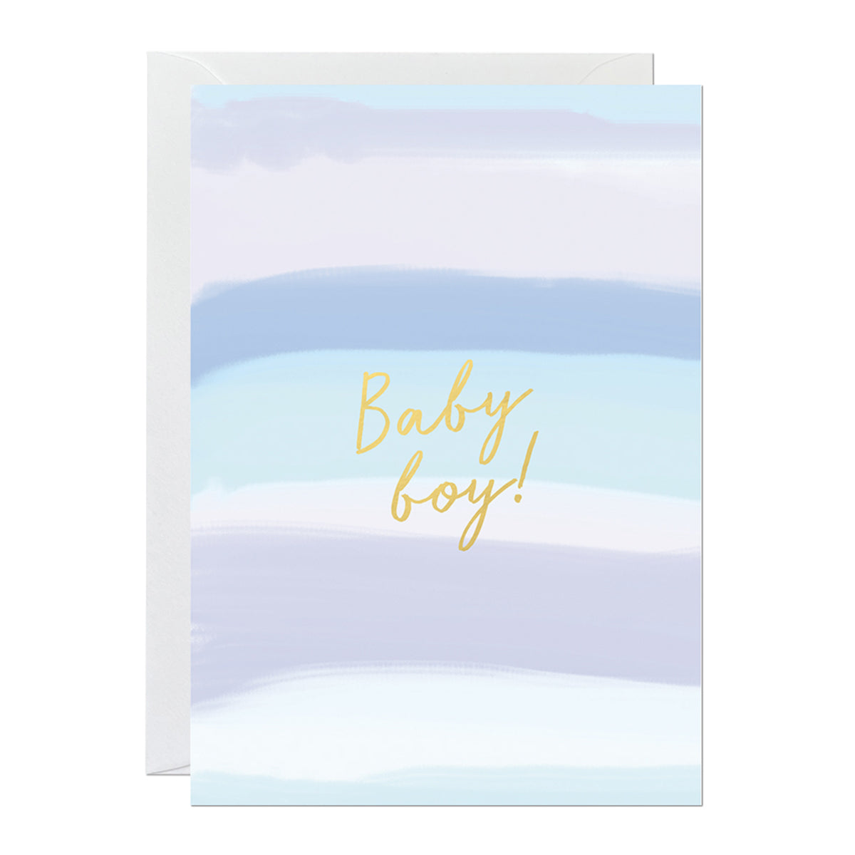A new baby card featuring a hand-painted canvas and a 'baby boy' greeting printed with gold foil
