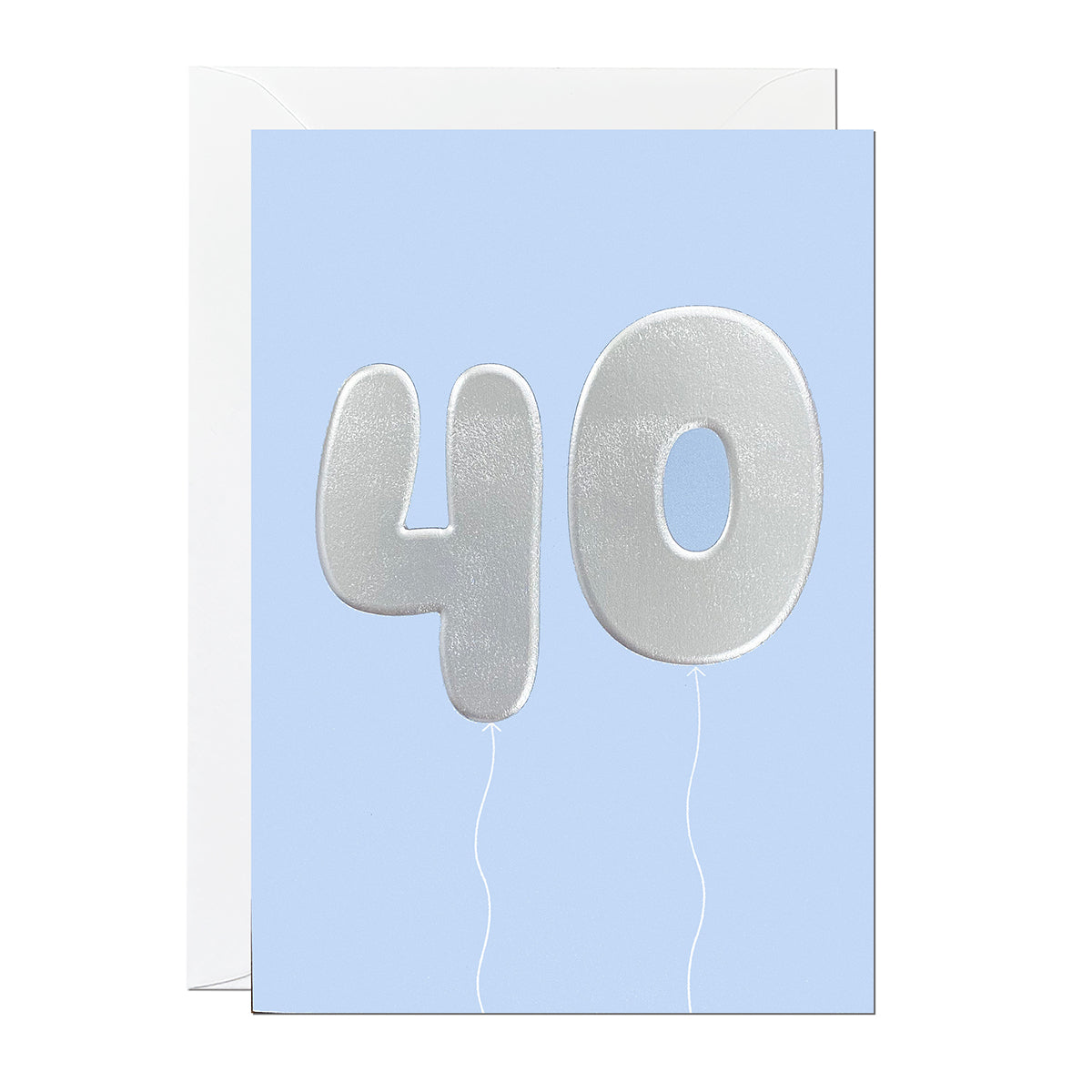 A 40th birthday card featuring big helium balloons printed with an embossed silver foil on a blue card.