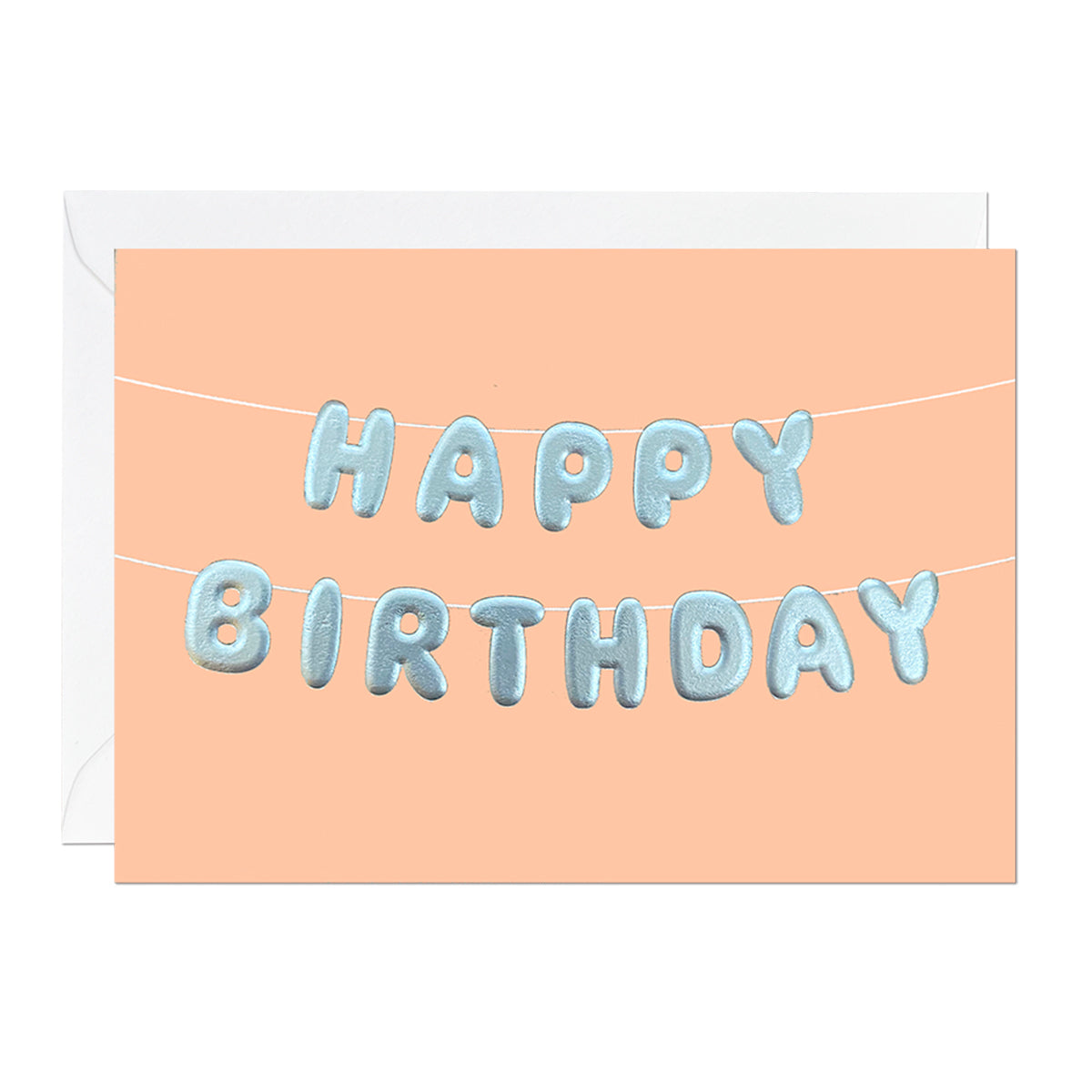 An orange birthday card with birthday bunting that reads 'happy birthday' printed with an embossed silver foil