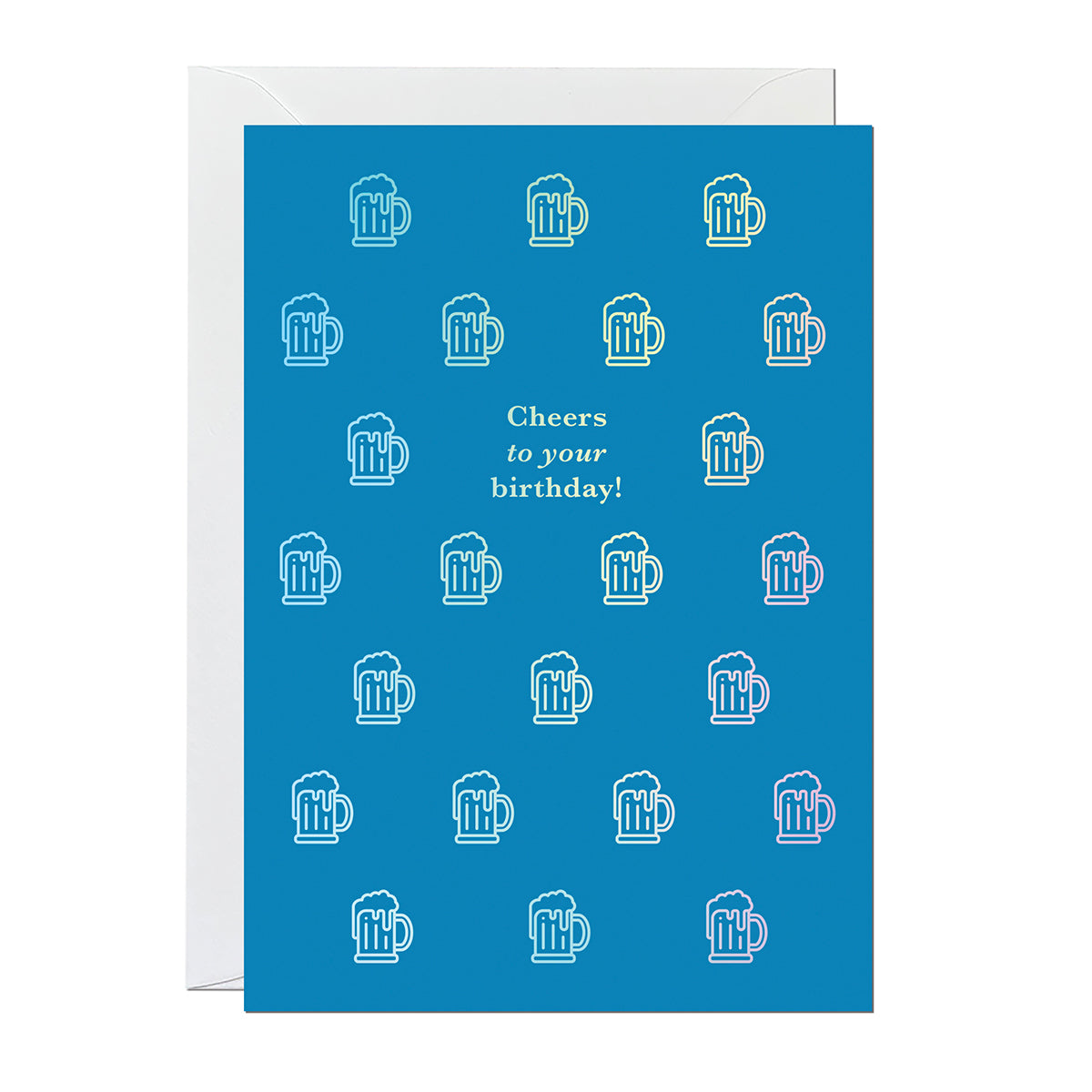 A blue birthday card with small graphic illustrations of a pint of beer printed with an iridescent foil