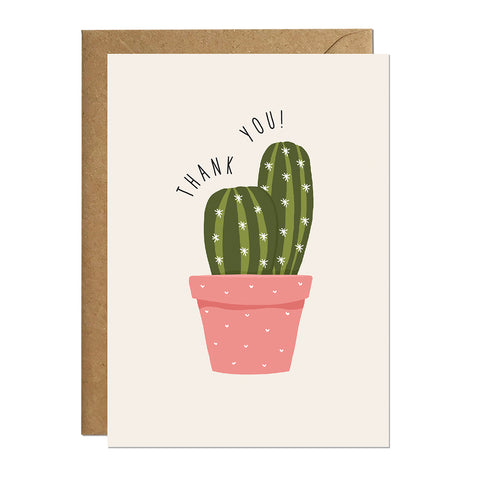 A thank you card featuring an illustration of a potted cactus with the greeting 'thank you'