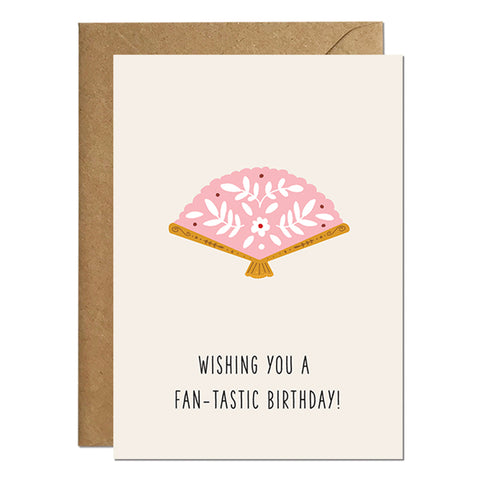 A birthday card featuring an illustration of an exotic fan with a greeting that reads 'wishing you a fantastic birthday'