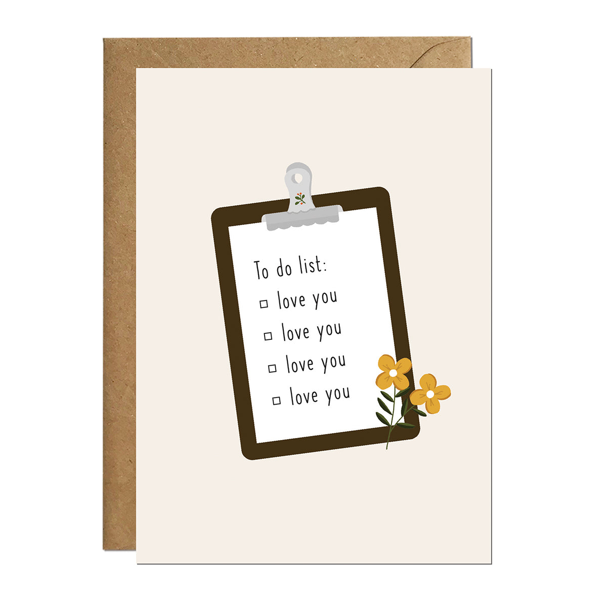 A greeting card with an illustration of a list pad which has a list of to-dos saying 'love you' repeatedly