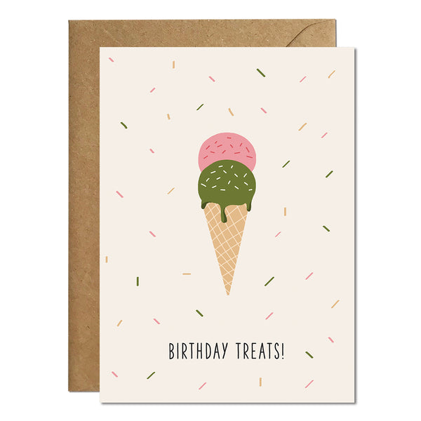 A birthday card featuring an illustration of an ice cream with a greeting that reads 'birthday treats' paired with a kraft brown envelope