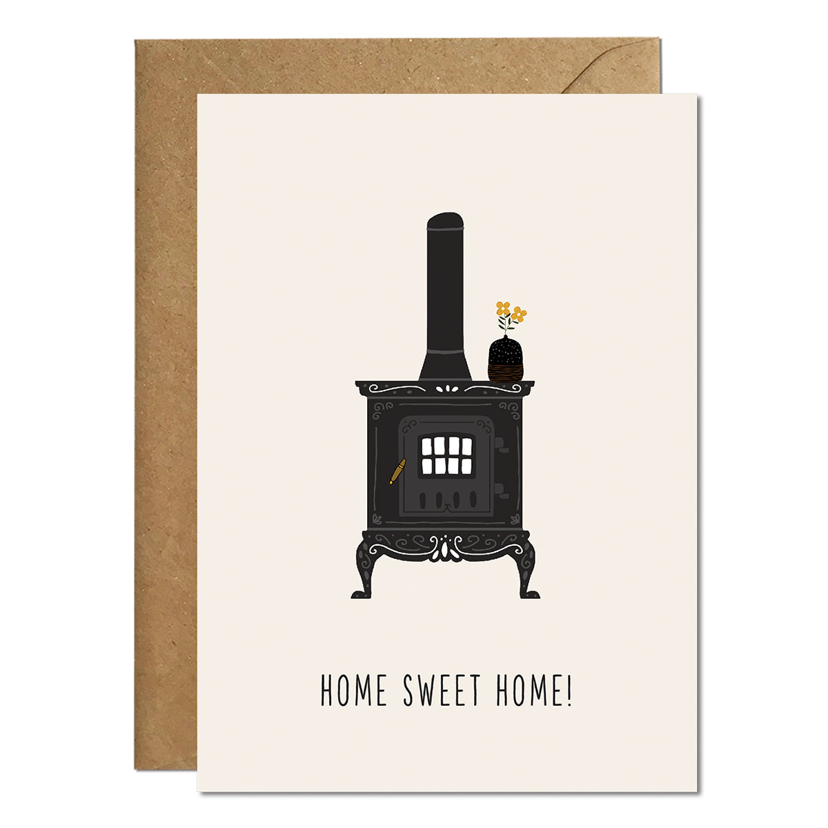 A new home card featuring an illustration of a log burner and a greeting that reads 'home sweet home'