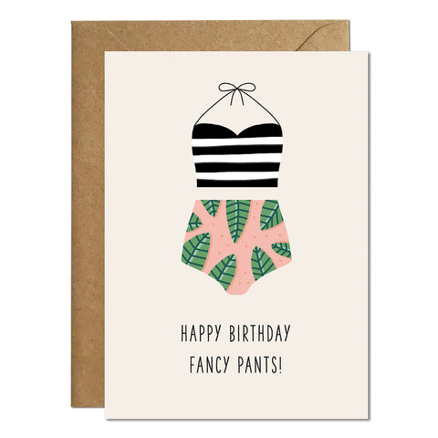 A birthday card featuring an illustration of a women's swimsuit and a greeting that reads 'happy birthday fancy pants'