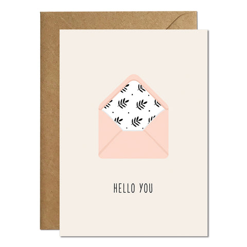 A greeting card with an illustration of a pretty pink envelope and a greeting that reads 'hello you'