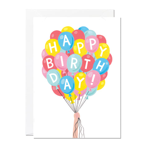 Taking inspiration from Disney's 'Up', this is a birthday card featuring a bunch of balloons spelling out 'happy birthday' hand painted in various colours