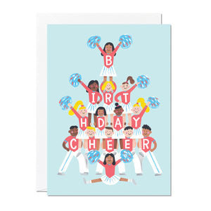 A birthday card featuring a squad of cheerleaders spelling out 'birthday cheer' on their shirts