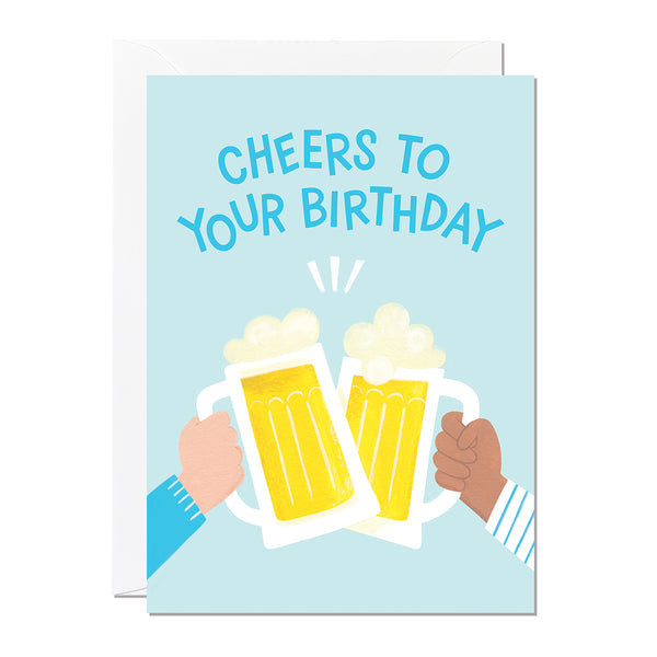 A birthday card that has been hand-painted with two clinking beers and a greeting that says 'cheers to your birthday'