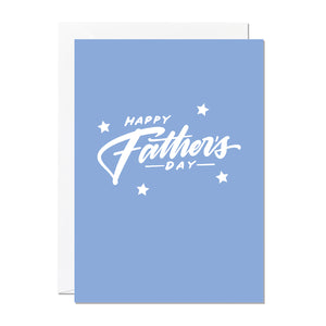A father's day card that features a hand lettered greeting that reads 'Happy Father's Day' printed on a blue background