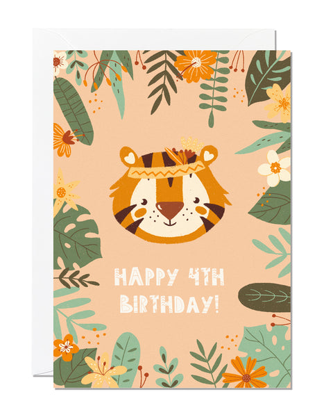 A children's 4th birthday card with the greeting 'happy 4th birthday' featuring an illustration of a tiger with jungle foliage around the border