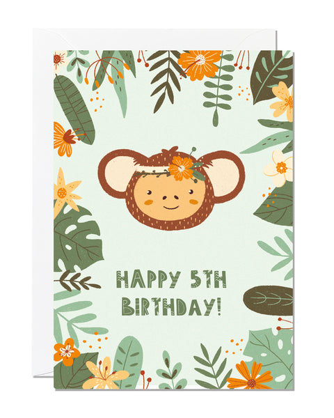 A children's 5th birthday card with the greeting 'happy 5th birthday' featuring an illustration of a monkey with jungle foliage around the border