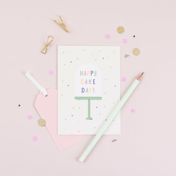 A birthday card with an illustration of a cake dome with the greeting 'happy cake day'