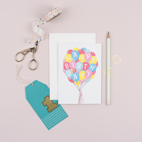Taking inspiration from Disney's 'Up', this is a birthday card featuring a bunch of balloons spelling out 'happy birthday' hand painted in various colours